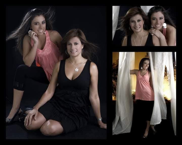 Collage of studio portraits featuring two smiling women posing together in black and pink outfits