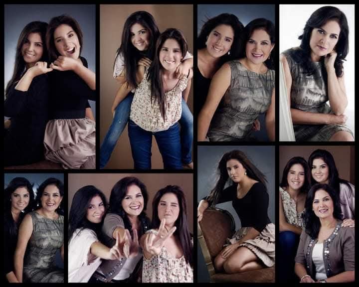 Collage of eight studio portraits featuring three smiling women posing together and individually